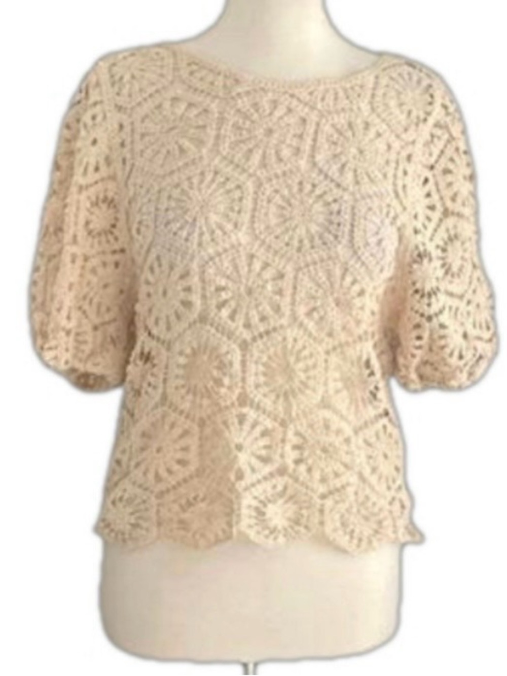 Woven Heart crochet Top Size L Beige Crocheted Boho Crochet Shirt | GUC